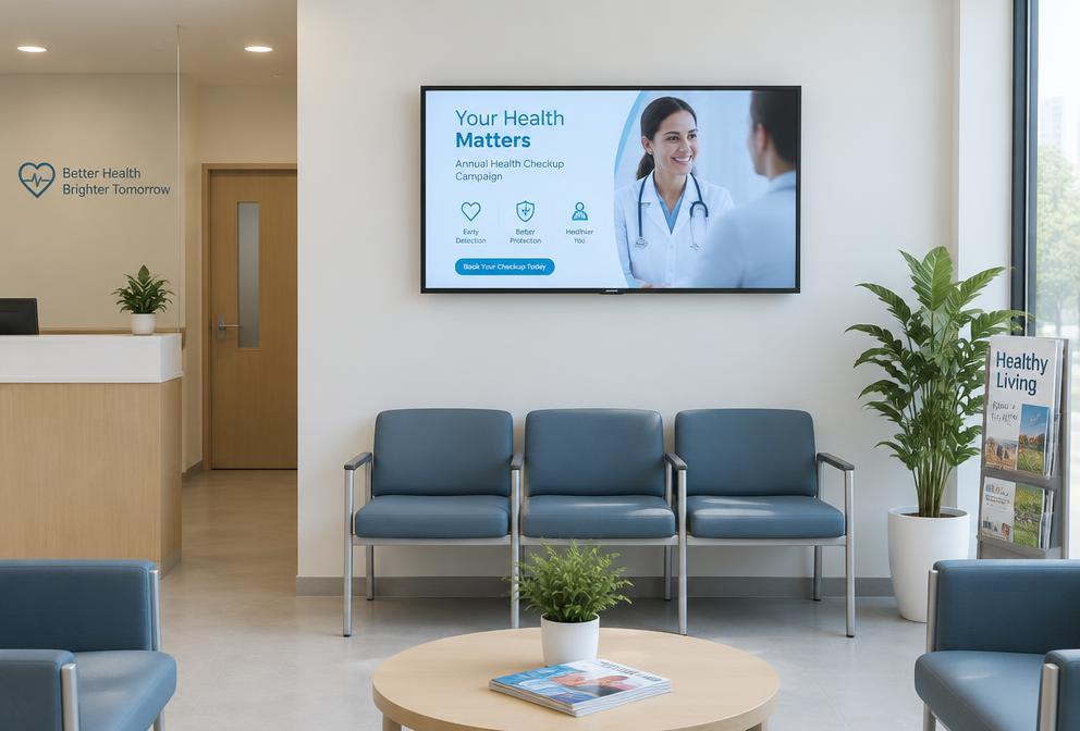 TV exibindo publicidade em clínicas e consultórios